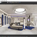 Modern Clothing Store Interior With Curved Sofa Blue Carpet Circular Ceiling Light And Display Racks
