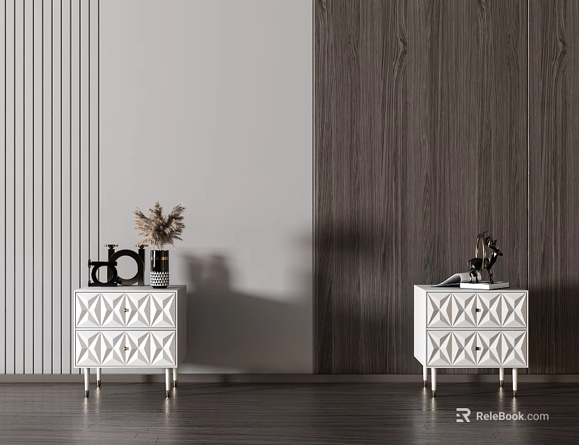 Elegant White Bedside Tables With Diamond Pattern Gold Legs And Decorative Ornaments 3d model 