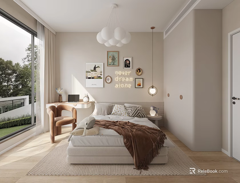 Cozy Bedroom Interior With Happy Always Lettering Decorative Paintings Large Bed And Wooden Floor 3d model 