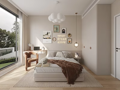 Cozy Bedroom Interior With Happy Always Lettering Decorative Paintings Large Bed And Wooden Floor 3d model