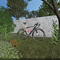 Garden Landscape With Bicycle On Grass And Green Plants By Brick Wall