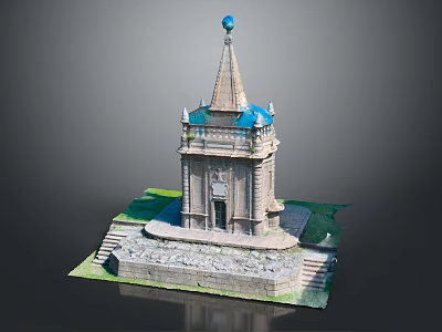 European-style Architecture Featuring Pointed Tower Blue Globe Top and Stone Steps Surrounded by Green Grass 3d model