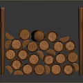 Natural Wood Logs Stacked On Wooden Rack For Firewood Storage And