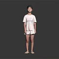 Young Woman In White T Shirt And Shorts With Green Pink Slippers On Gray Background