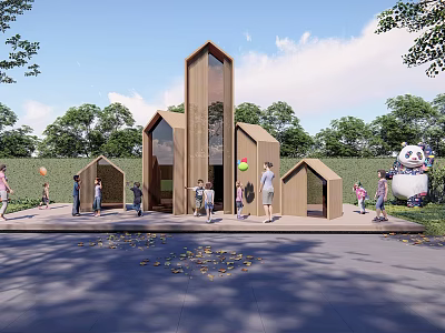 Modern Commercial Landscape With Wooden Structures And Children's Outdoor Activity Space 3d model