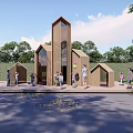 Modern Commercial Landscape With Wooden Structures And Children's Outdoor Activity Space