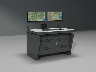 Office Desk Setup With Dual Monitors Keyboard Mouse And Patterned Cabinet 3d model