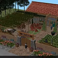 Garden Landscape Design with Red Tile Roof Pergola Green Vines Stone Path and Colorful Flowers