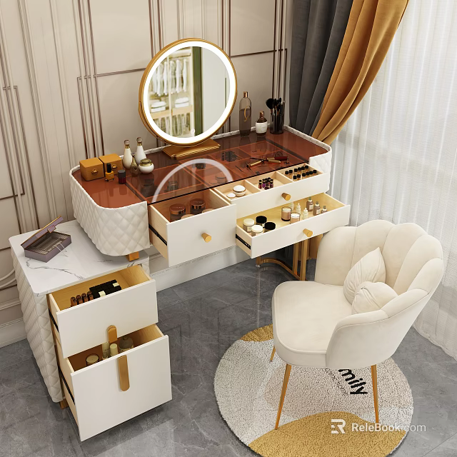 Elegant Dressing Table With Wooden Top White Drawers Gold Handles Round Mirror And Accent Chair 3d model 