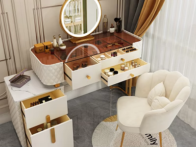 Elegant Dressing Table With Wooden Top White Drawers Gold Handles Round Mirror And Accent Chair 3d model