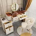Elegant Dressing Table With Wooden Top White Drawers Gold Handles Round Mirror And Accent Chair