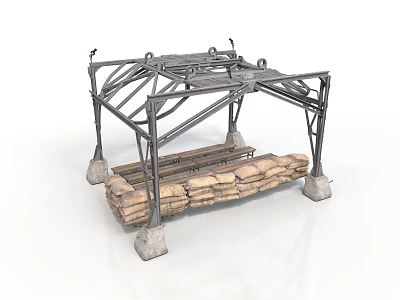 Industrial Metal Frame Structure with Sandbags and Concrete Base Supports 3d model