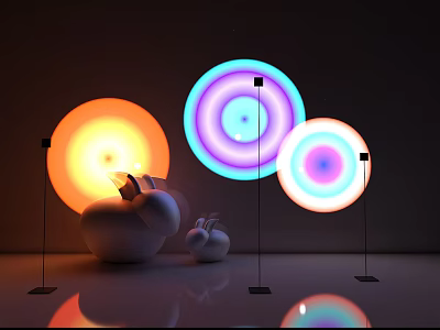 Modern Floor Lamps With Circular Light Shades In Orange Blue Purple And Black Stands 3d model