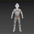 Silver and Red Ultraman Game and Movie Character With Glowing Eyes and Blue Chest Gem