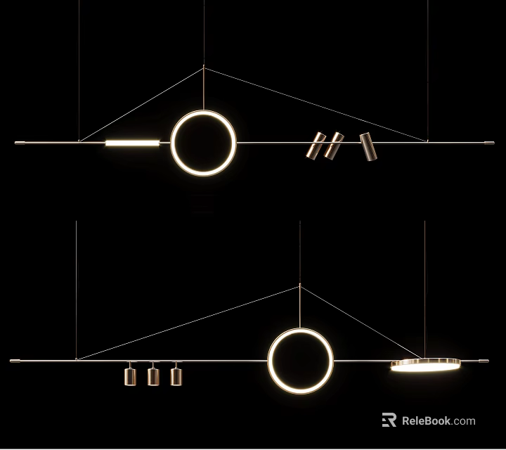 Modern Hanging Chandelier Design With Circular Light Rings And Linear Bars 3d model