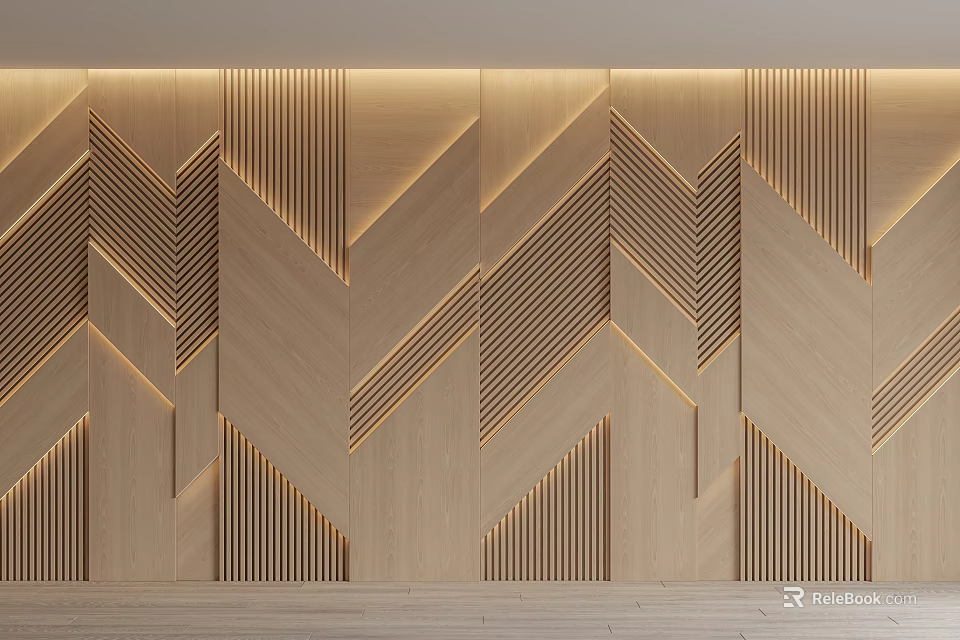 Modern Elegant Sofa Backdrop Wall With Wooden Panel Geometric Lines And LED Lighting 3d model 