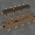 Natural Wooden Tea Table And Chairs With Long Tabletop And Tea Accessories