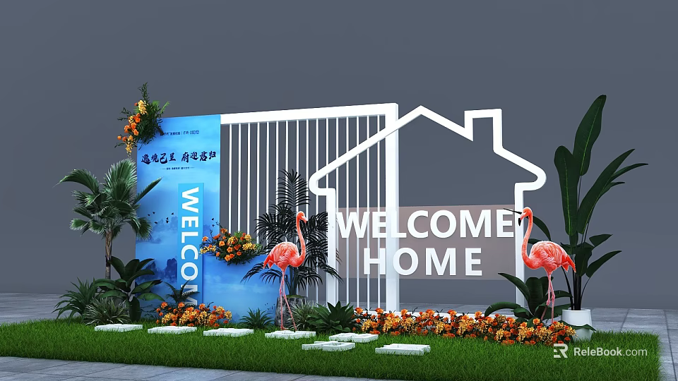 Floral Display Welcome Home Entrance Featuring White House Outline Flamingo Statues Green Plants And Flowers 3d model 