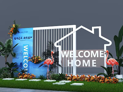 Floral Display Welcome Home Entrance Featuring White House Outline Flamingo Statues Green Plants And Flowers 3d model