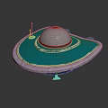 Turquoise Flying Saucer Model With Silver Dome And Yellow Glowing Base On Reflective Black Surface