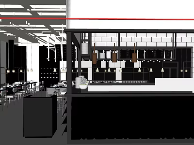 Modern Restaurant Interior Design With Open Layout Pendant Lights Dining Tables And Brick Wall 3d model