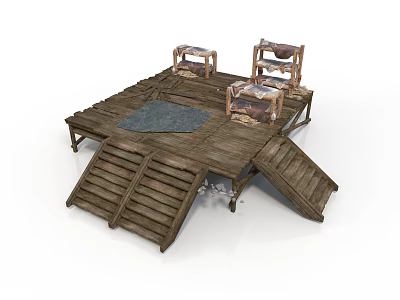 Wooden Platform With Steps And Cushioned Chairs On Deck Structure 3d model