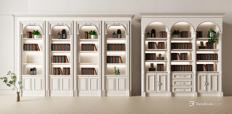 Elegant White Bookcase Design With Multiple Compartments Books Decorative Plants And Ornaments 3d model 