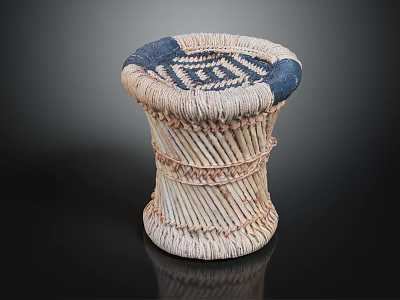 Handcrafted Woven Stool With Blue And Beige Patterned Top In Cylindrical Shape 3d model
