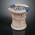 Handcrafted Woven Stool With Blue And Beige Patterned Top In Cylindrical Shape