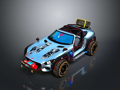 Silver Custom Off Road Vehicle With Large Tires Roof Rack And Body Graphics 3d model