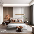 Modern Bedroom Interior Design With Gray Headboard Pillows Wooden Wardrobe Side Tables And Pendant Light