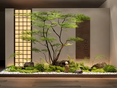 Serene Indoor Landscape Featuring Wooden Lattice Window Green Tree Stones Moss and Calligraphy Scroll 3d model