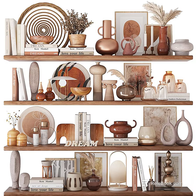 Stylish Decorative Ornament Combination On Wooden Shelves With Vases Sculptures Plates And Books 3d model 