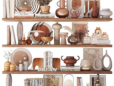 Stylish Decorative Ornament Combination On Wooden Shelves With Vases Sculptures Plates And Books 3d model