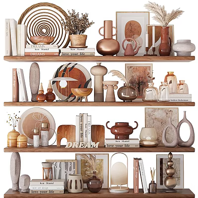 Stylish Decorative Ornament Combination On Wooden Shelves With Vases Sculptures Plates And Books 3d model