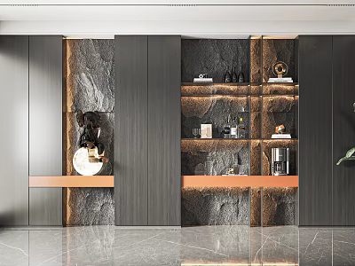 Elegant Modern Wine Cabinet Interior With Glass Doors And Wooden Shelves 3d model