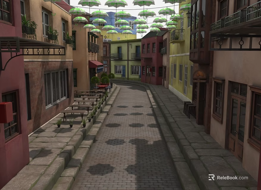 Colorful Buildings Lined Street With Hanging Green Umbrellas Stone Paved Path And Outdoor Tables Chairs 3d model 