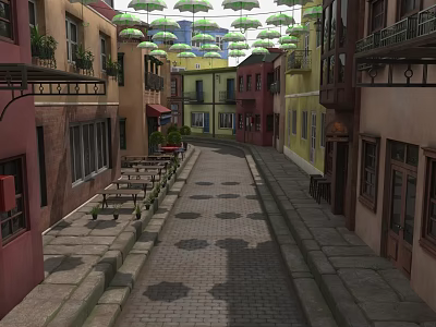Colorful Buildings Lined Street With Hanging Green Umbrellas Stone Paved Path And Outdoor Tables Chairs 3d model