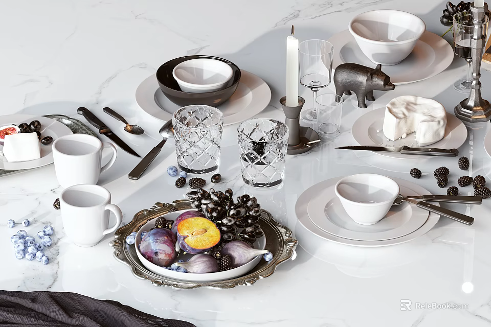 Elegant Tableware Set Including Bowls Plates Mugs Crystal Glasses and Fruit Decorations 3d model 
