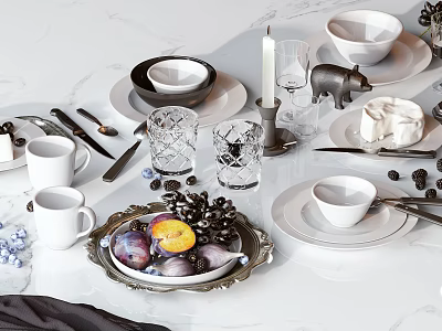 Elegant Tableware Set Including Bowls Plates Mugs Crystal Glasses and Fruit Decorations 3d model