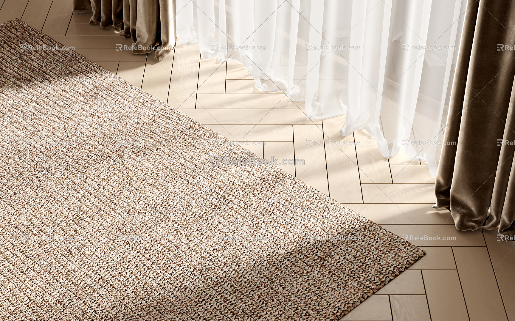 Modern Square Carpet Carpet Wood Floor Curtain Gauze Curtain 3d model