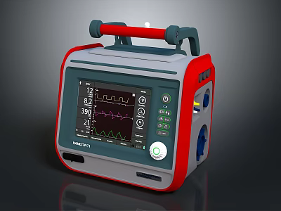 Portable Medical Defibrillator With ECG Display Red Gray Design Handle Buttons 3d model