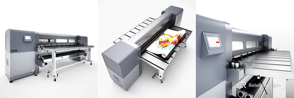 Industrial Large Format Printer With Movable Wheels Printing Colorful Patterns On Roll Material 3d model 