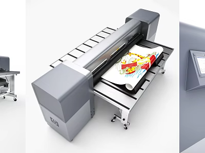 Industrial Large Format Printer With Movable Wheels Printing Colorful Patterns On Roll Material 3d model