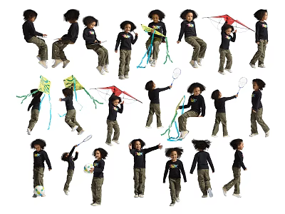 Game and Movie Child Characters With Various Actions Kites Rackets Running Jumping 3d model