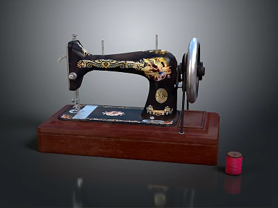 Vintage Sewing Machine With Black Body Golden Patterns Wooden Base And Red Thread Spool 3d model