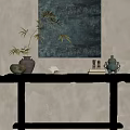 Rustic Console Table With Bamboo Decor Ceramic Vases Tea Set And Wall Painting