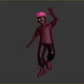 Man in Red Shirt Dark Pants With Pink Hat Waving While Jumping on Gray Background