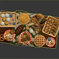 Assorted Breads Cookies Pie Breadsticks and Pastries on Table with Green Tablecloth Trays and Plates