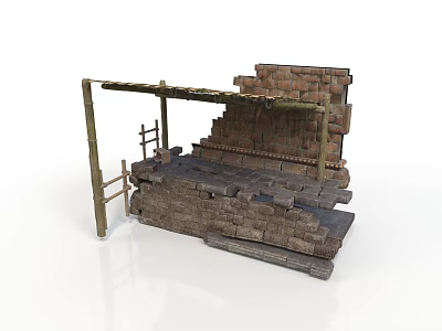 Ancient Stone Steps Structure with Bamboo Frame and Brick Platform Design 3d model